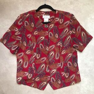 Vintage Kathy Che Red Feather Print Silk Button Down Blouse Short Sleeve Shirt
